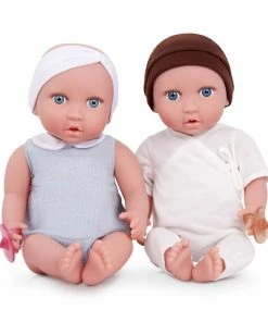 Branford Babi Twin Dolls - Blue Eyes, White Headband And Brown Hat 14-inch Baby Boy And Girl Doll Twins