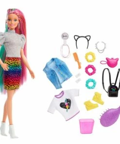 MATTEL Barbie Leopard Rainbow Hair Doll (Blonde) With Color-change Hair Feature, 16 Accessories