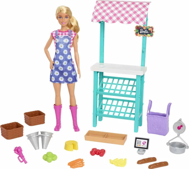 Barbie Farmers Market Playset, Barbie Doll (Blonde), Market Stand, Register, Vegetables, Bread, Flowers And More, 3 And Up 4 Barbie Farmers Market Playset, Barbie Doll (Blonde), Market Stand, Register, Vegetables, Bread, Flowers And More, 3 And Up - Image 4