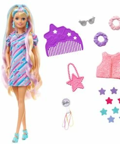Barbie Totally Hair Star-Themed Doll, 8.5 Inch Fantasy Hair, Dress, 15 Accessories