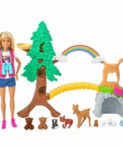 MATTEL Barbie Wilderness Guide Interactive Playset With Barbie Doll (12-in/30.40-cm), Outdoor Tree, Bridge, Overhead Rainbow, 10 Animals & More
