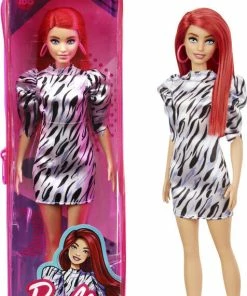 Barbie Fashionistas Doll #168, Smaller Bust, Long Red Hair, Zebra-striped Dress With Puffed Sleeves, Hoop Earrings, Shoes